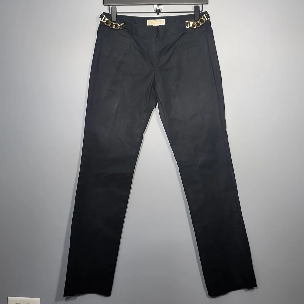 Michael Kors Black Straight Leg Chino Gold Hardware Belted Pants